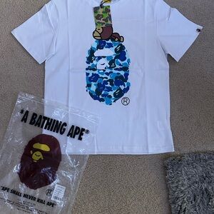 Bape White Tee with Green and Blue Camo Tag